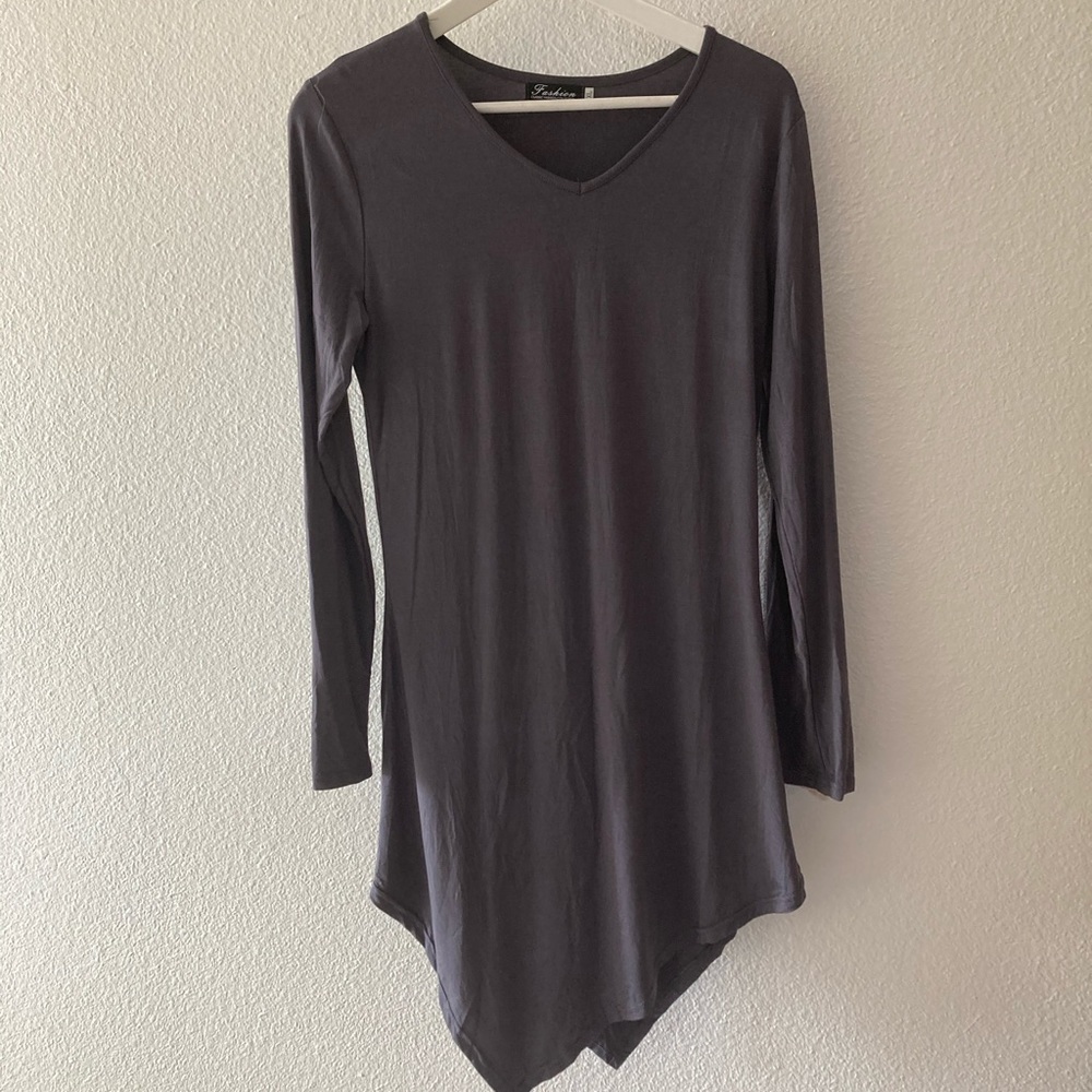 Fashion Gray Asymmetrical V-Neck T-Shirt  Dress XL